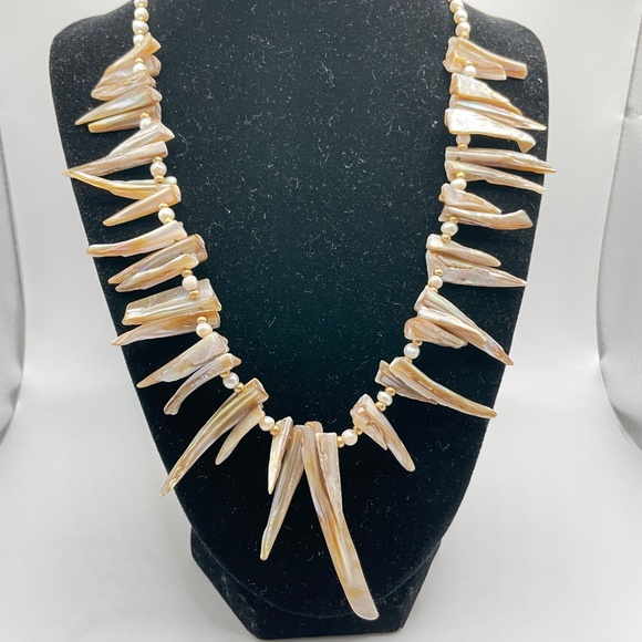 Statement Necklace Natural Shell Freshwater Pearl Czech Glass - Picture 1 of 16